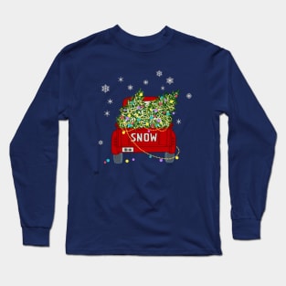 Decorated Christmas Trees on Red Old Truck Snowing Long Sleeve T-Shirt